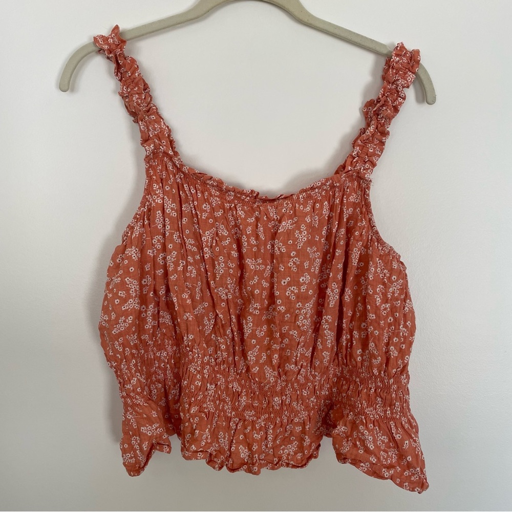 a.n.a Cropped Frilly Peplum Tank Floral Print Peach Orange Coral M